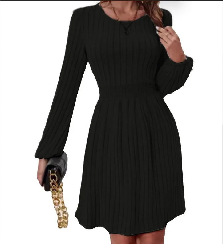 Printemps automne femmes nouveau Style Pit Bar col rond à la mode petite lanterne poignets tirant dos taille a-ligne robe mi-longue