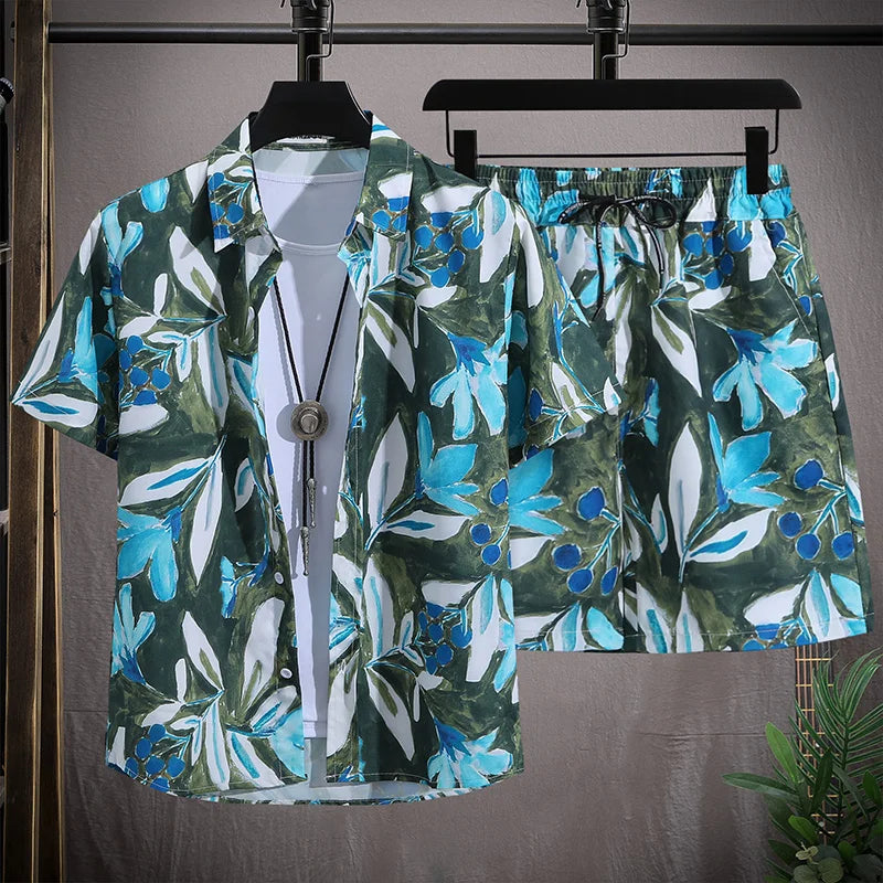 Ensemble de plage hawaïenne pour hommes Chemise à manches courtes à simple boutonnage et shorts Tenue de voyage décontractée pour vacances d’été