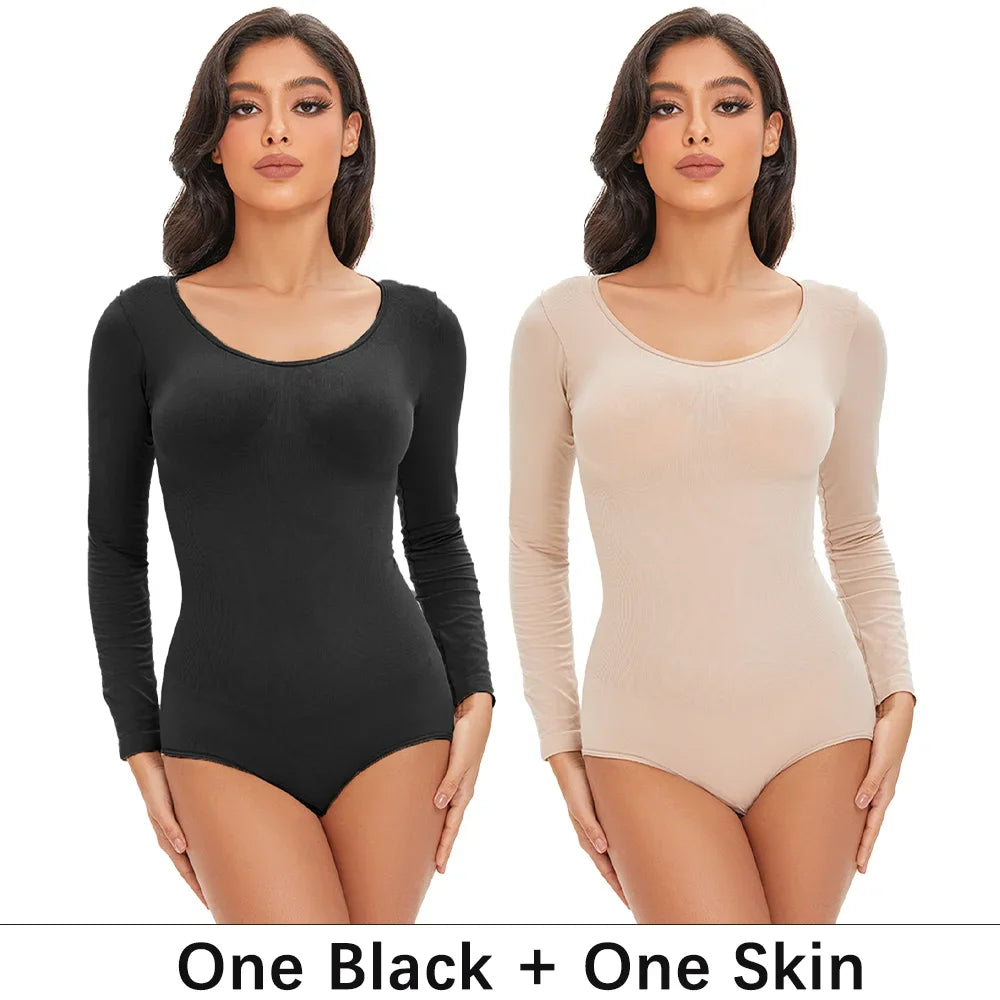 POKARLA Spandex élastique Body costume Shapewear femmes corps Shaper ventre contrôle à manches longues ouvert entrejambe col rond sans couture Shapers