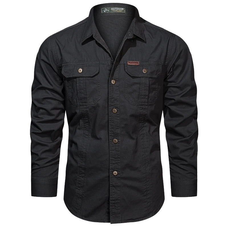 Chemise Cargo à manches longues pour hommes, chemises décontractées en coton, de haute qualité, surchemise militaire, vêtements de marque, chemisiers noirs 5XL, 2023