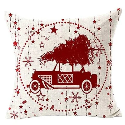Taie d'oreiller en lin joyeux Noël, flocon de neige, boule, voiture rouge avec arbre, cerf, joyeux hiver, coussin de canapé, salon