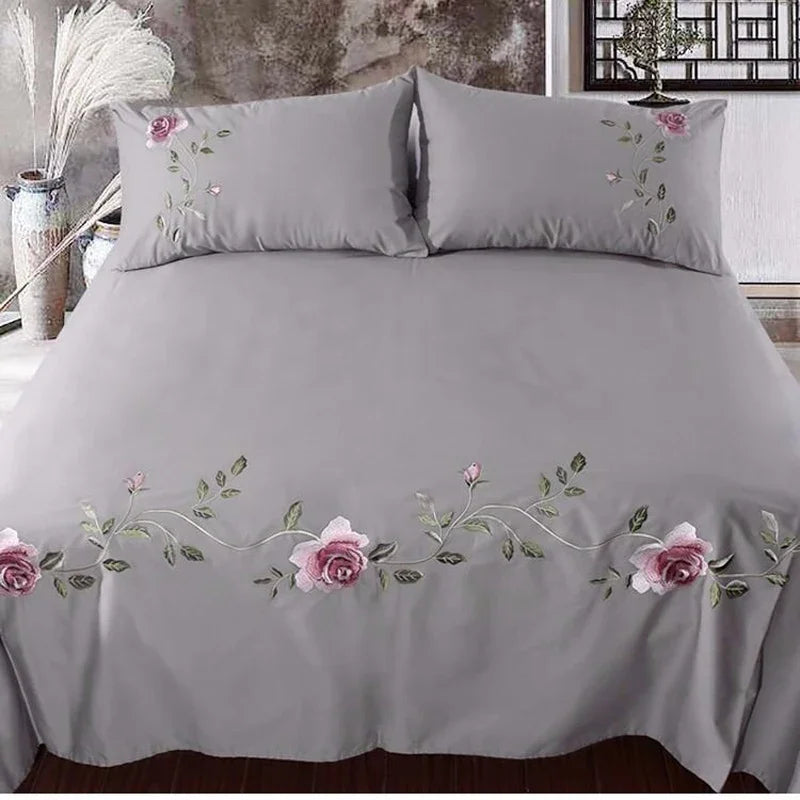 WASART Rose flore broderie design drap plat couleur unie coton sergé lin literie luxe maison textiles reine roi taille