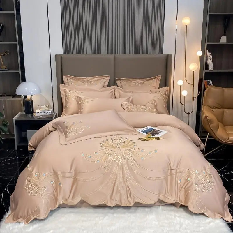 4/6 pièces blanc gris satin or broderie luxe Satin coton ensemble de literie Double reine roi housse de couette drap de lit taies d'oreiller