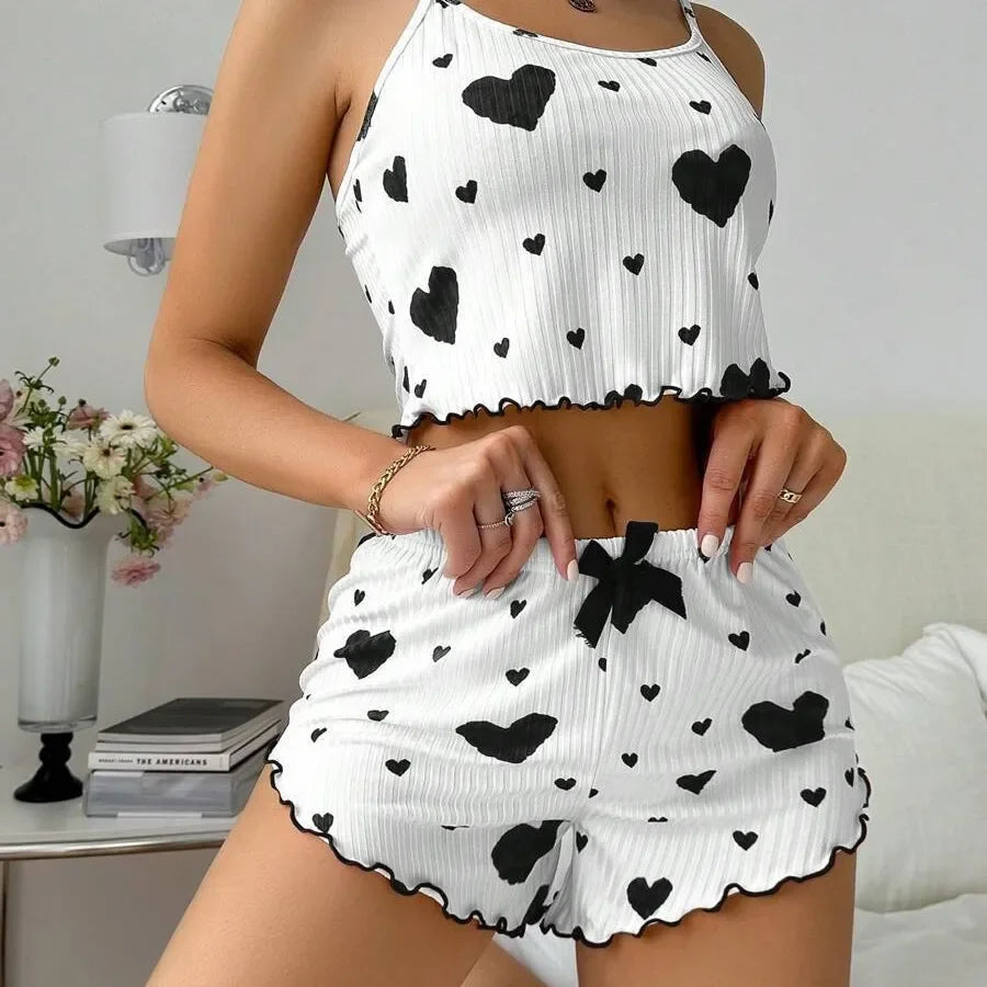 Ensemble pyjama d'été pour femmes, 2 pièces, doux, décontracté, imprimé amour, débardeurs et shorts, ensemble de Lingerie, vêtements de détente