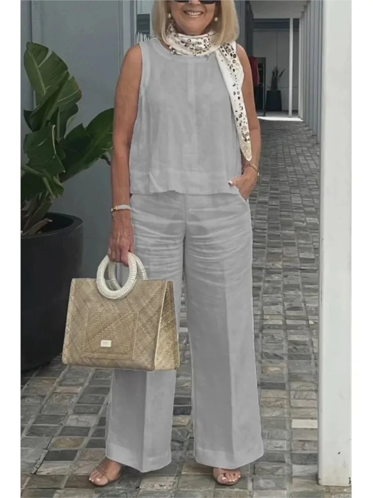 Spring Summer Cotton Linen Solid Color Sleeveless Women Pants Suit Simple Casual Pocket Elegant Female Office Retro 2 Piece Set