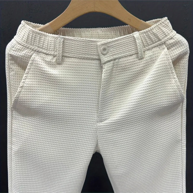 2024 Leisure Trend Korean Edition Summer Solid Color Zipper Pocket Men's High Waist Elastic Slim Fit Straight Nine Split Pants