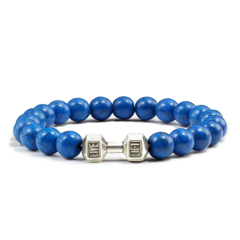 Bracelet en pierre volcanique naturelle Hommes Noir mat Lave Blanc Perles Breloque Haltère Brins Bracelets Femmes Barre Fitness Bijoux