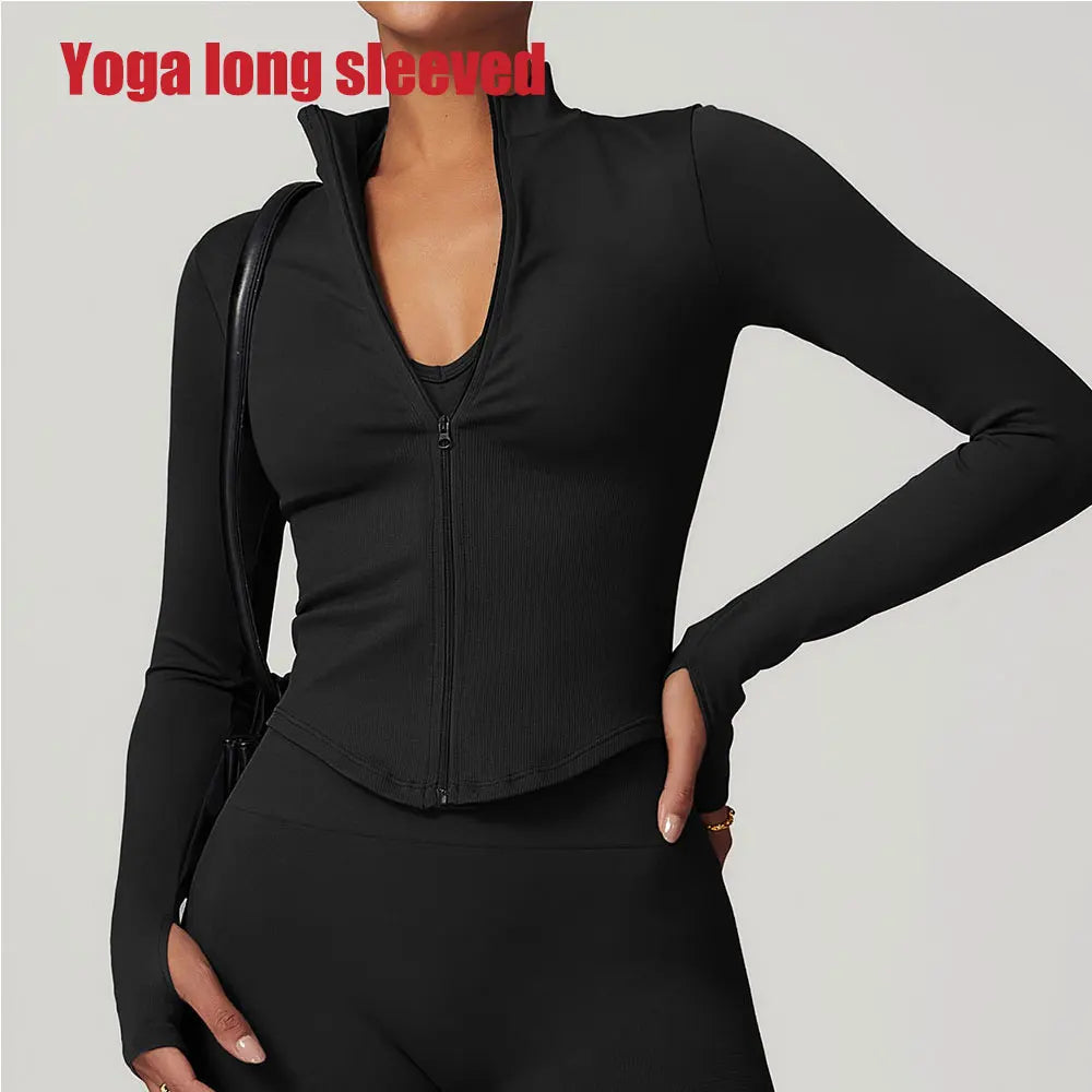 Veste à fermeture éclair pour femmes, haut court, T-shirts de Yoga, haut de Sport solide, chemises de course à manches longues, Sexy, séchage rapide, Fitness, vêtements de Sport