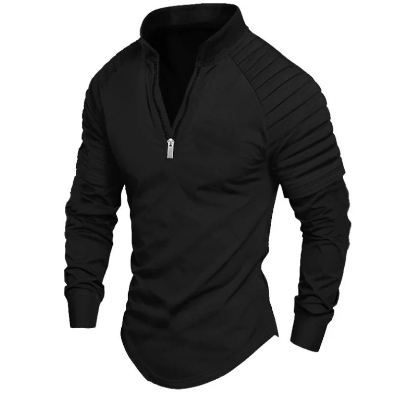 2024 Autumn men's half-zip long-sleeved Polo shirt arm pleats fashion stand-up collar top sweatshirt