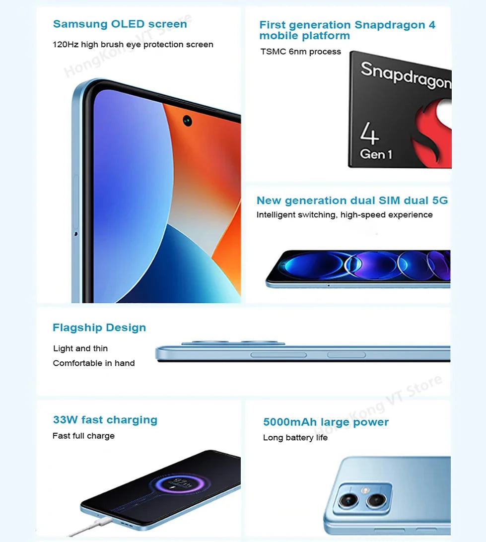 Global Rom Xiaomi Redmi Note 12 5G Smartphone 128GB/256GB 6.67 ''écran doré 120Hz Snapdragon 4 Gen1 48MP double caméra 33W utilisé