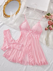 Ensemble de Lingerie Sexy pour femmes, soutien-gorge érotique, chemise de nuit, vêtements de nuit en dentelle, couleur unie, Slim, robes douces, col en V, Slip complet, vêtements de nuit et robes