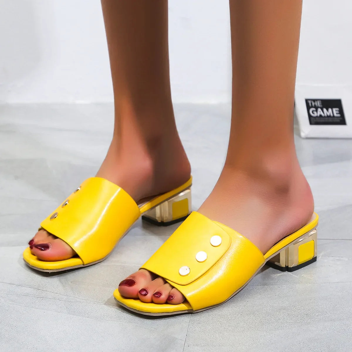 Mules Women's Colorblock Square Toe Chunky Heeled Sandals Slippers Heels Sandals Slide Femmes Square Heel Zapatillas Mujer Casa