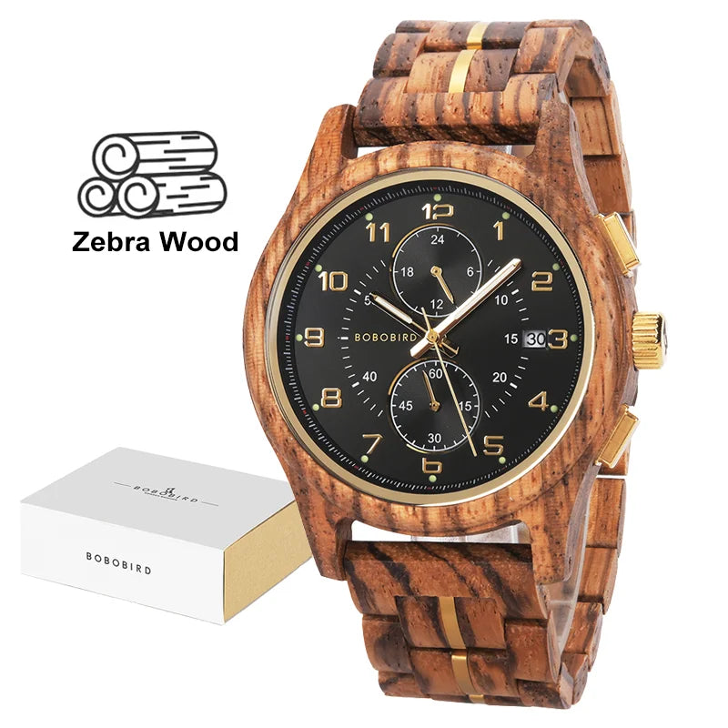 BOBO BIRD Men Watches 44mm Luxury Quartz Watch Lightweight Wooden Case and Straps Watches for Casual Support Customize Gift Box