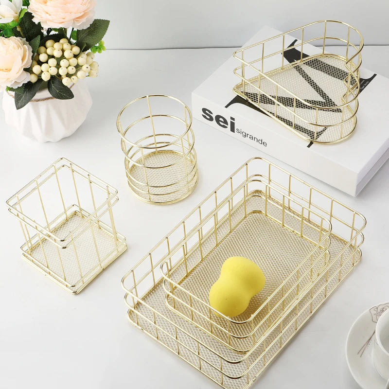 Panier de rangement en fer et métal doré de Style nordique, support multifonctionnel de bureau pour articles divers, boîte de rangement de bijoux