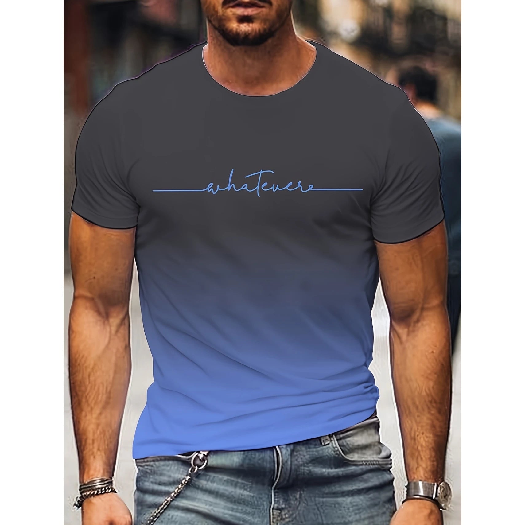 2024 Summer Fashion Men's Clothing Trendy Design Gradient Color Letter Print T-Shirt Top Breathable Soft Short Sleeve Menswear