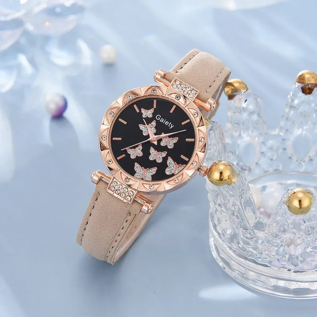 Set Femmes Montre Bague Collier Boucles d’oreilles Bracelet Ensemble Montres Papillon Bracelet En Cuir Dames Quartz Montre-bracelet (Pas de boîte)