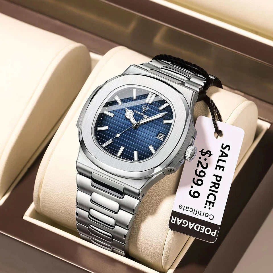 POEDAGAR Montre de luxe Entreprise étanche Horloge masculine Lumineuse Date En Acier Inoxydable Carré Quartz Hommes Montre reloj hombre 2024 Nouveau