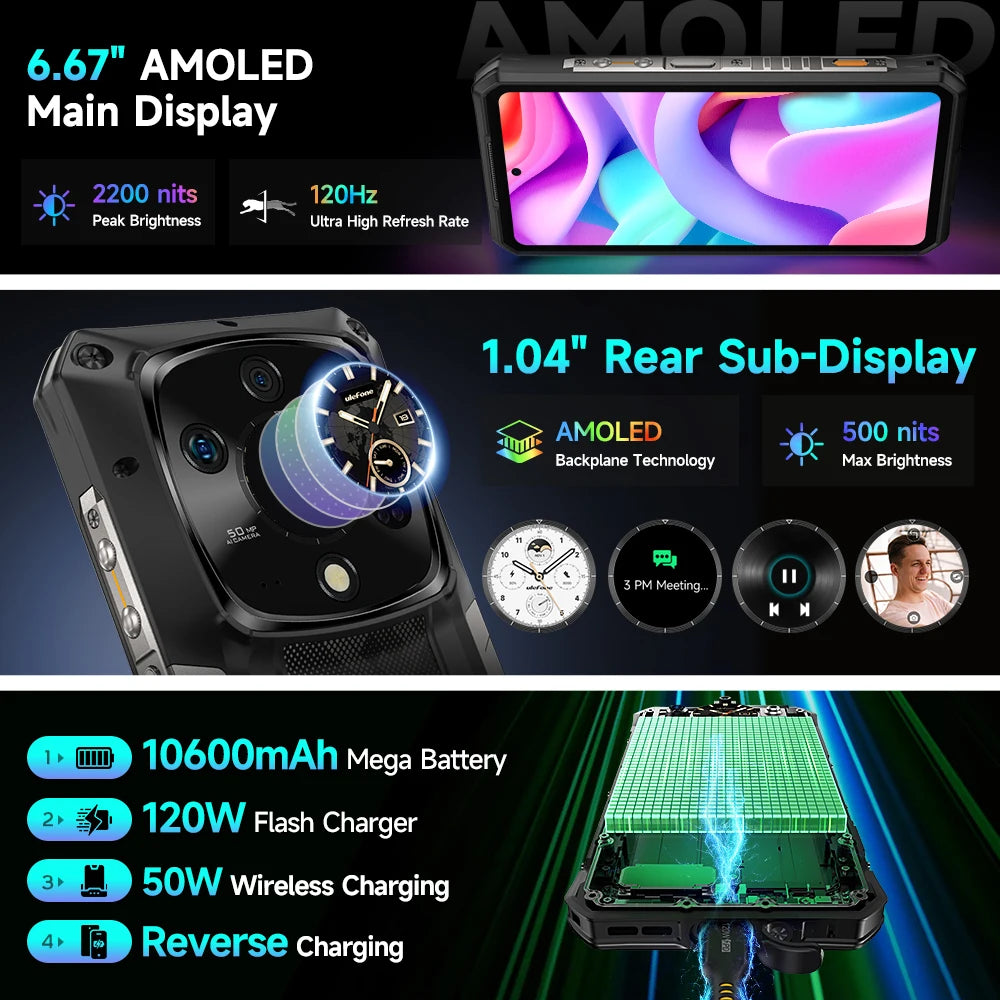 【Première mondiale】Ulefone Armor 28 Pro 5G Téléphone robuste AI 32 Go RAM 512 Go ROM Smartphone 120 W MTK Dimensity 7300 Téléphone portable 10600 mAh 6,67 "AMOLED