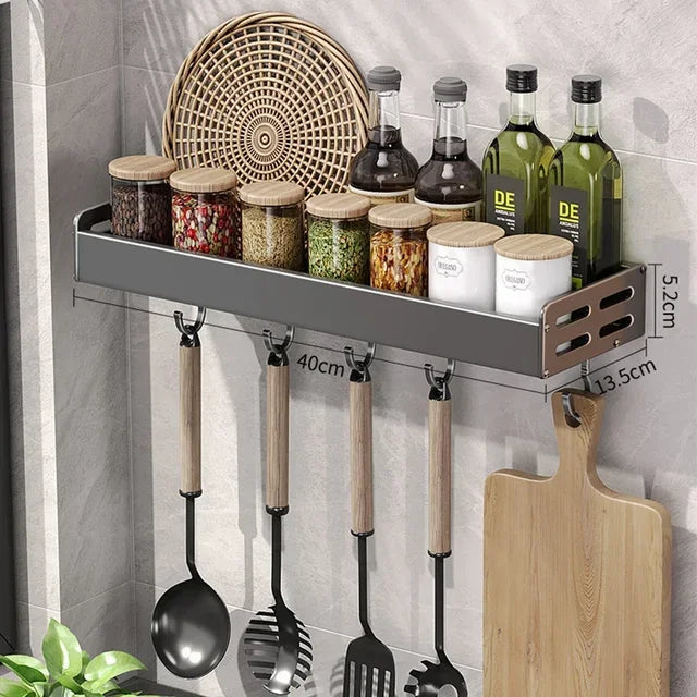 Étagère à condiments de cuisine murale élégante avec boîte de rangement, support multifonctionnel pour ustensiles ménagers avec distributeur d'huile et de vinaigre