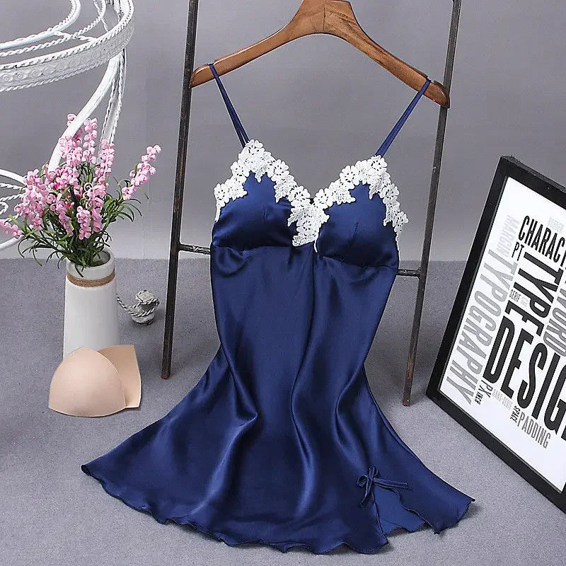 Robe de nuit en soie pour femmes, Sexy, bretelles avec nœud en dentelle, vêtements de nuit, Costumes, chemises de nuit en matériau doux