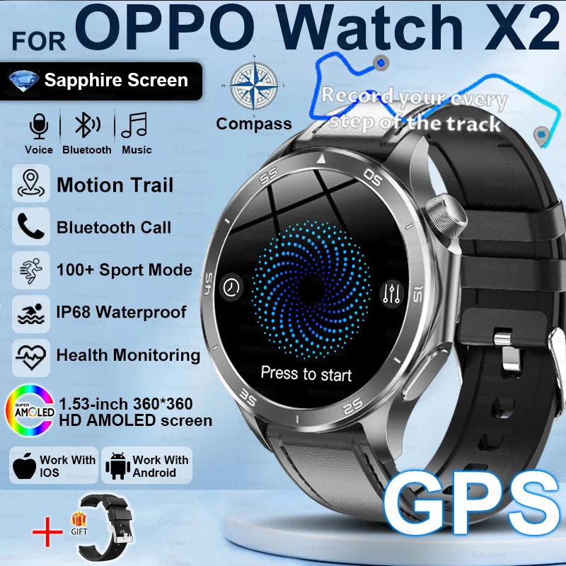 Pour OPPO X2 GPS montres intelligentes homme 360*360 AMOLED écran fréquence cardiaque Bluetooth appel IP68 étanche boussole sport Smartwatch 2025