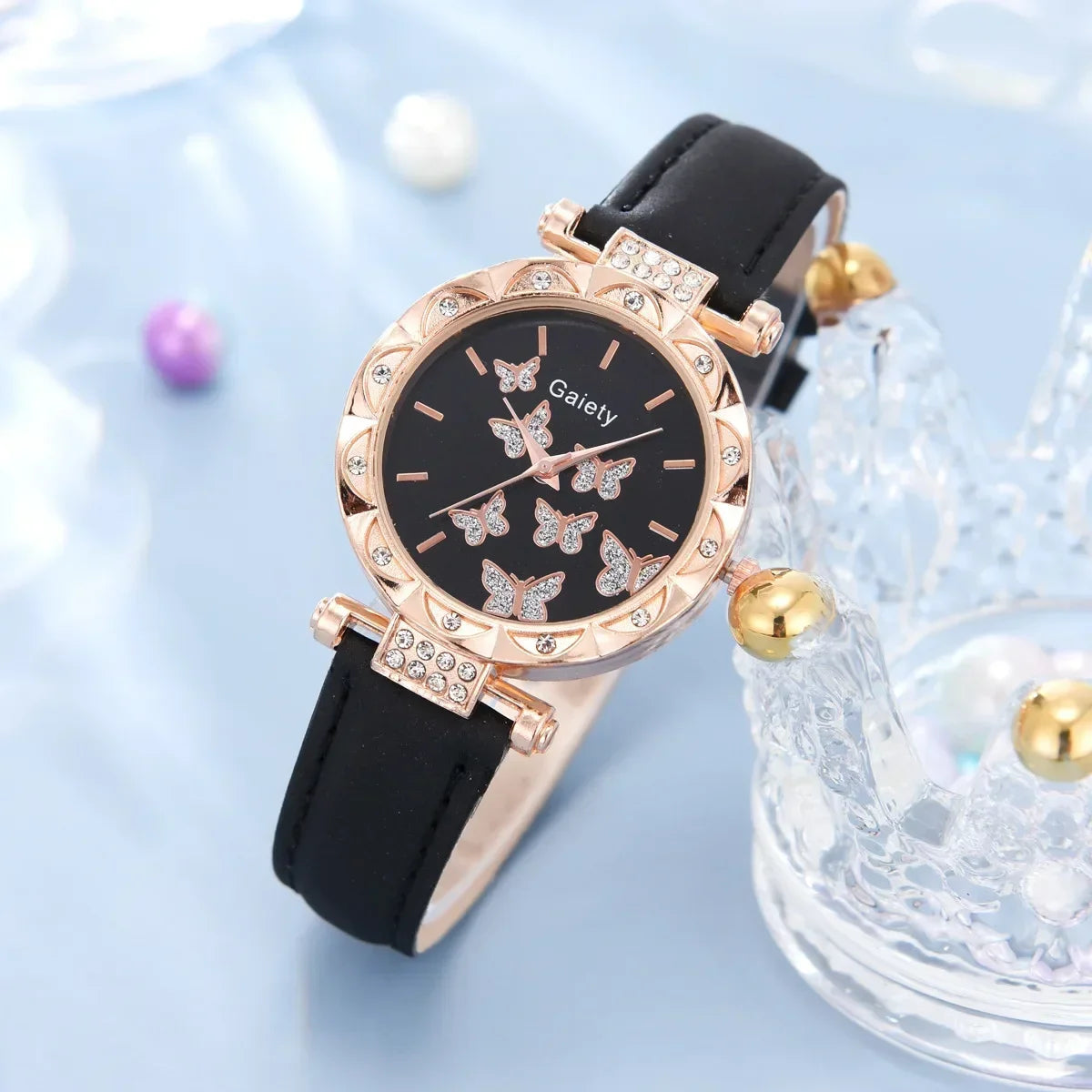 Set Femmes Montre Bague Collier Boucles d’oreilles Bracelet Ensemble Montres Papillon Bracelet En Cuir Dames Quartz Montre-bracelet (Pas de boîte)