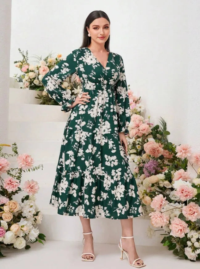 Autumn Women's New Sexy V-neck Fashionable Printed Cake Long Sleeves Medium To Long Length Casual Comfortable Dress For Women