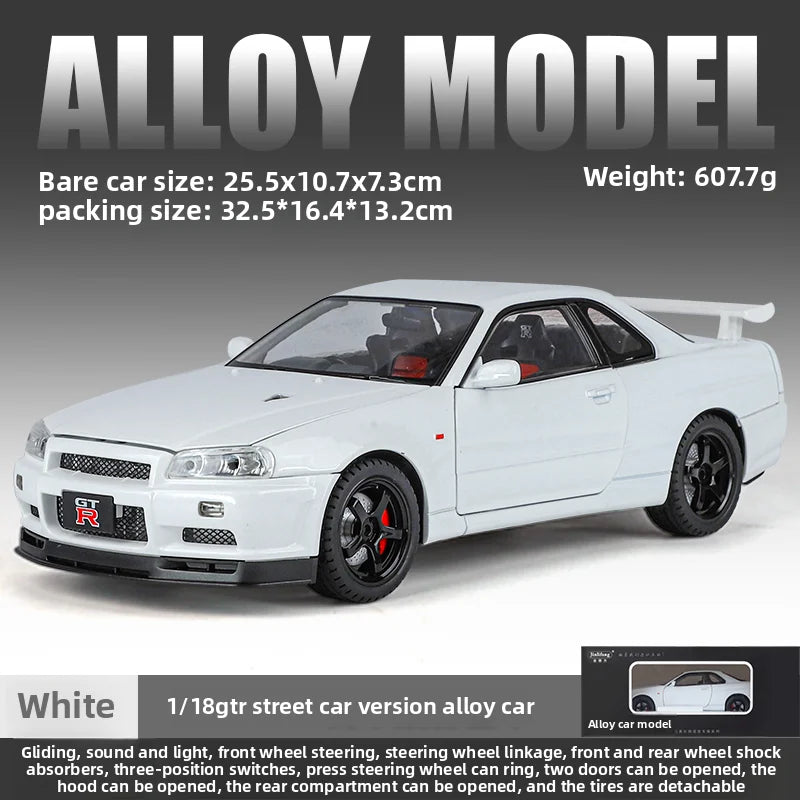 Grande taille 1/18 échelle Nissan GT-R R34 horizon alliage voiture modèle moulé sous pression jouet voiture pour garçons JDM voiture de course jouet cadeau passe-temps à collectionner