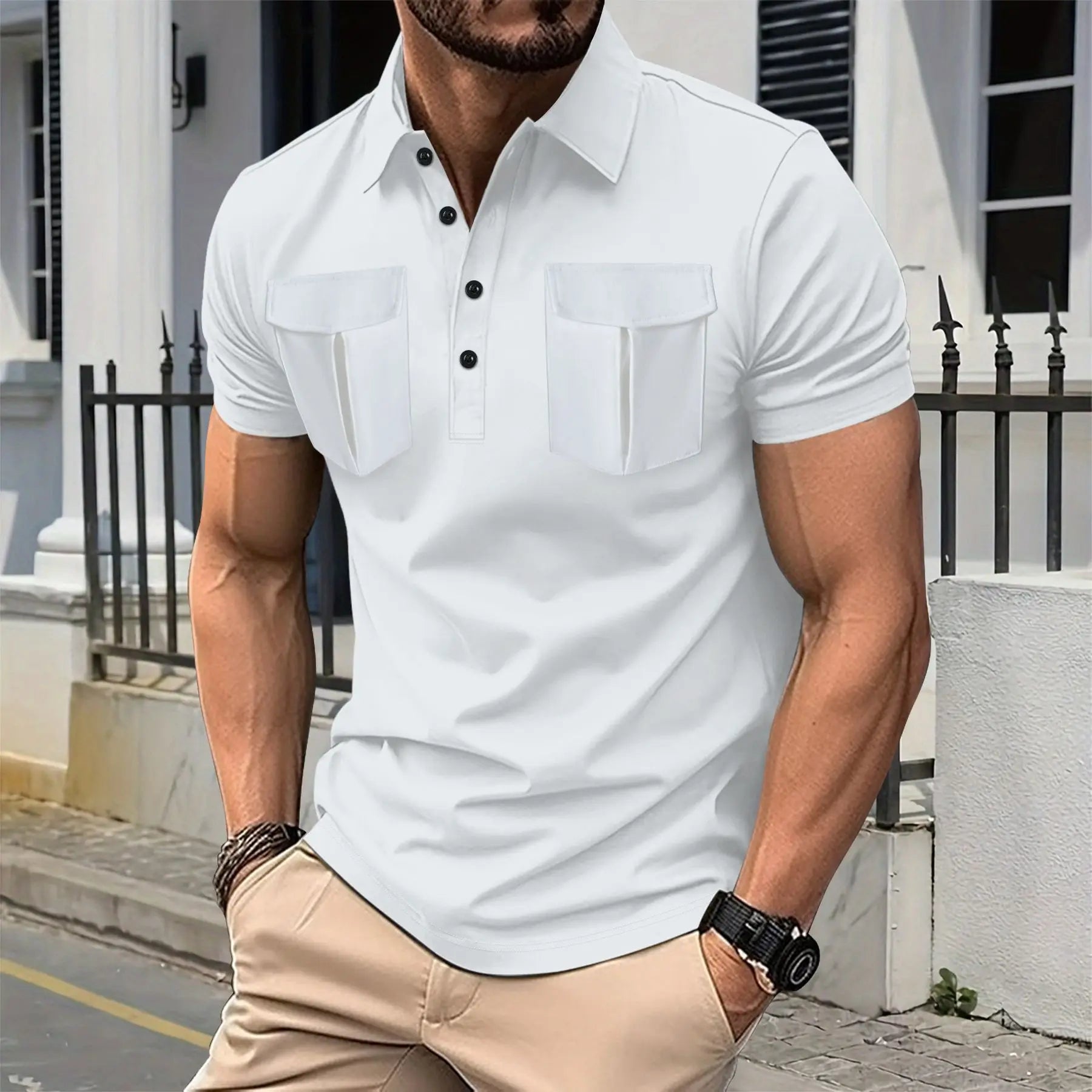 Men's Summer Fashion Polo Shirt 2025 Long Front Button Lapel Double Pockets Solid Color Casual Short-Sleeved Simple Design