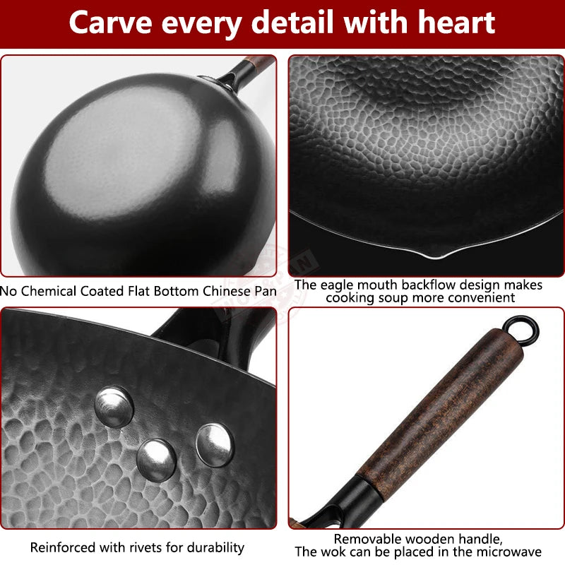 Poêle Wok en acier au carbone, 32cm, avec couvercle en bois, poêle chinoise à fond plat non revêtu, pour gaz électrique à Induction, toutes les cuisinières