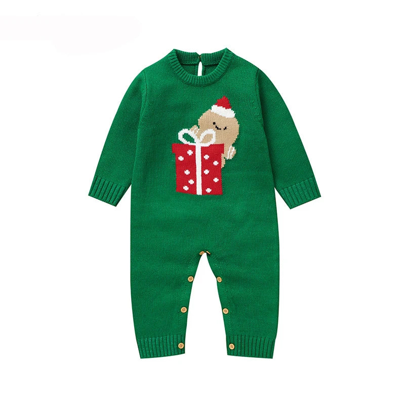 2025 Combinaison de Noël unisexe pour bébé Vert Vêtements mignons pour nouveau-né Automne Hiver Garçons Filles Col rond Cadeau de Noël Body en tricot