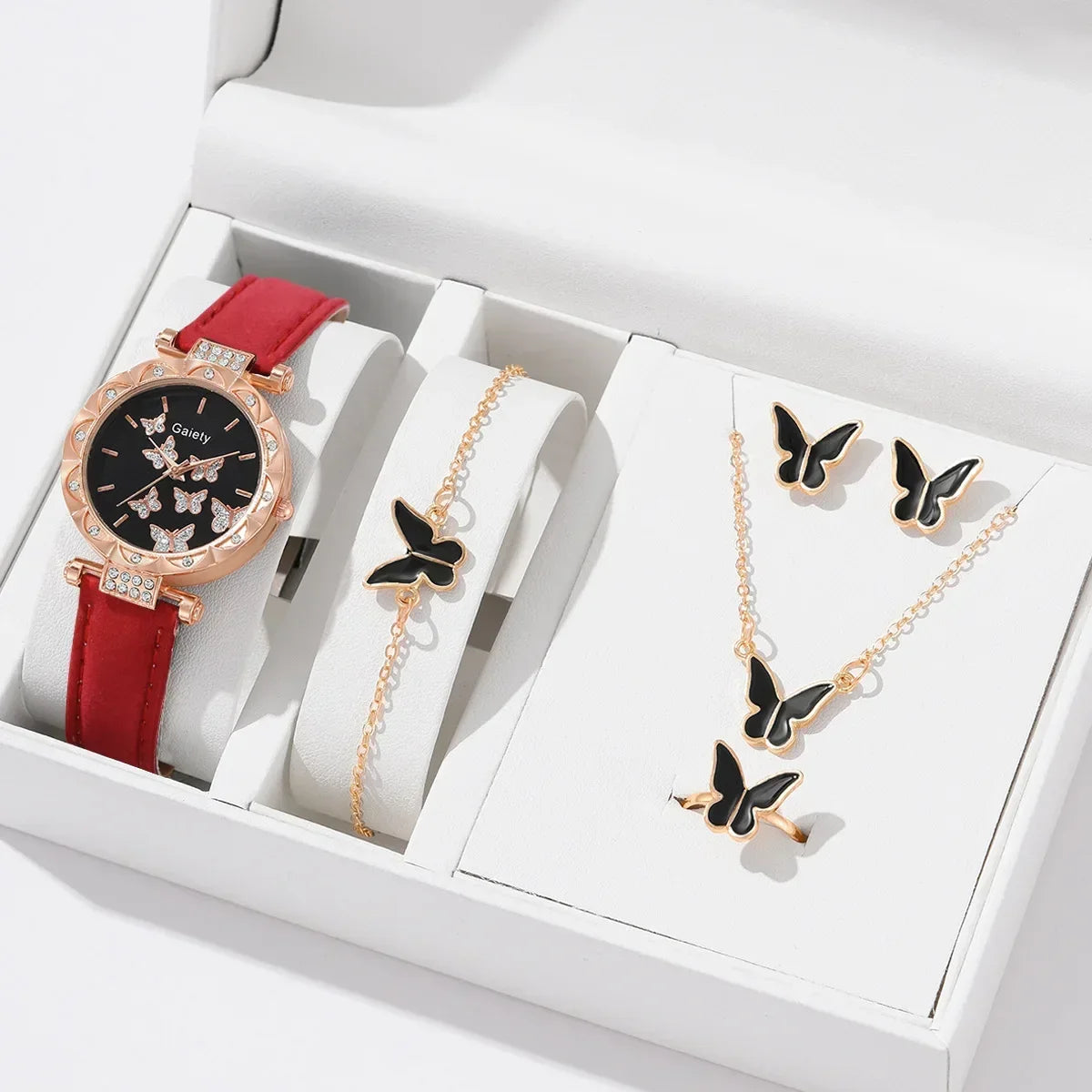 Set Femmes Montre Bague Collier Boucles d’oreilles Bracelet Ensemble Montres Papillon Bracelet En Cuir Dames Quartz Montre-bracelet (Pas de boîte)