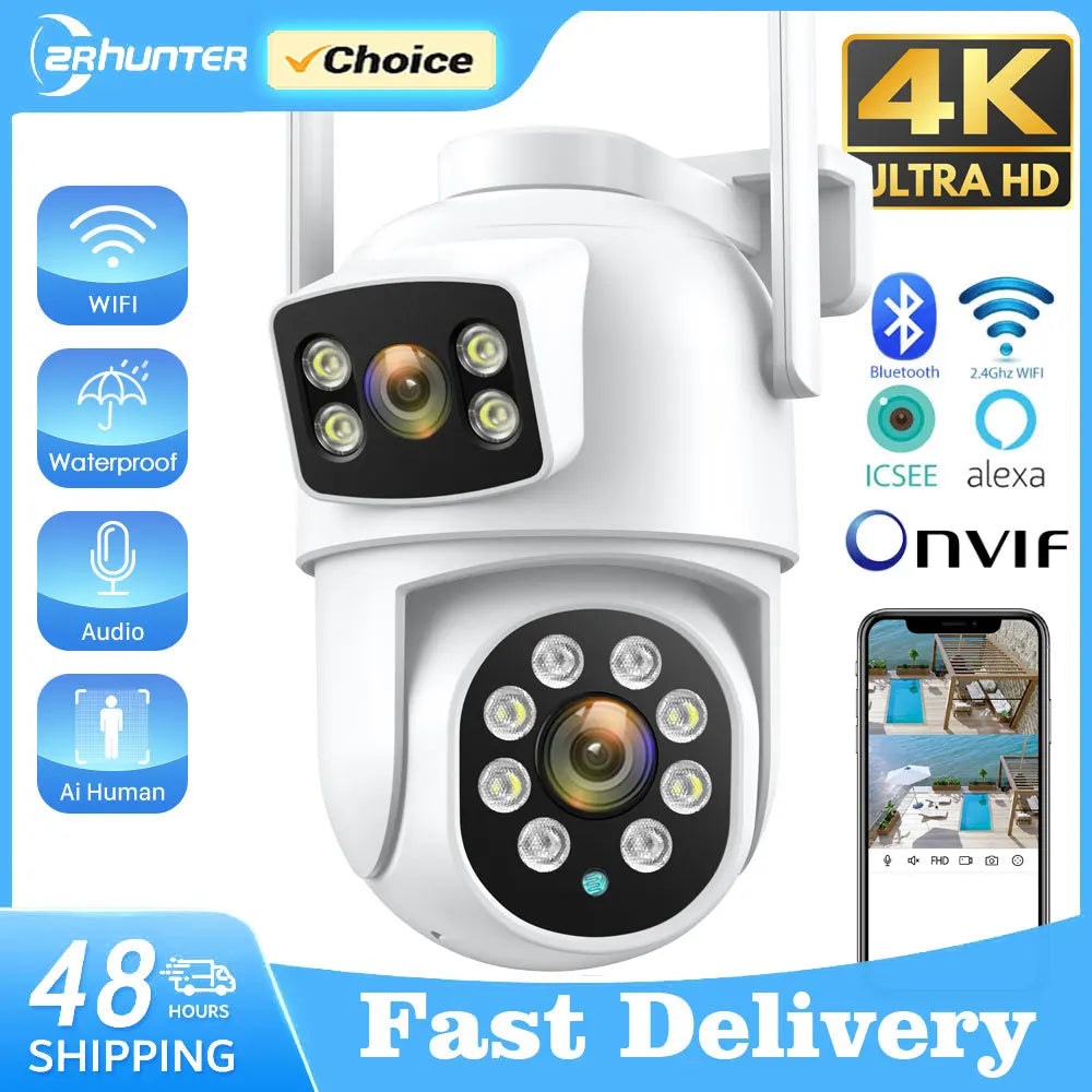 ZRHUNTER 8MP 4K PTZ caméra IP double objectif détection humaine CCTV caméra de sécurité Vision nocturne caméra de Surveillance Wifi extérieure ICsee