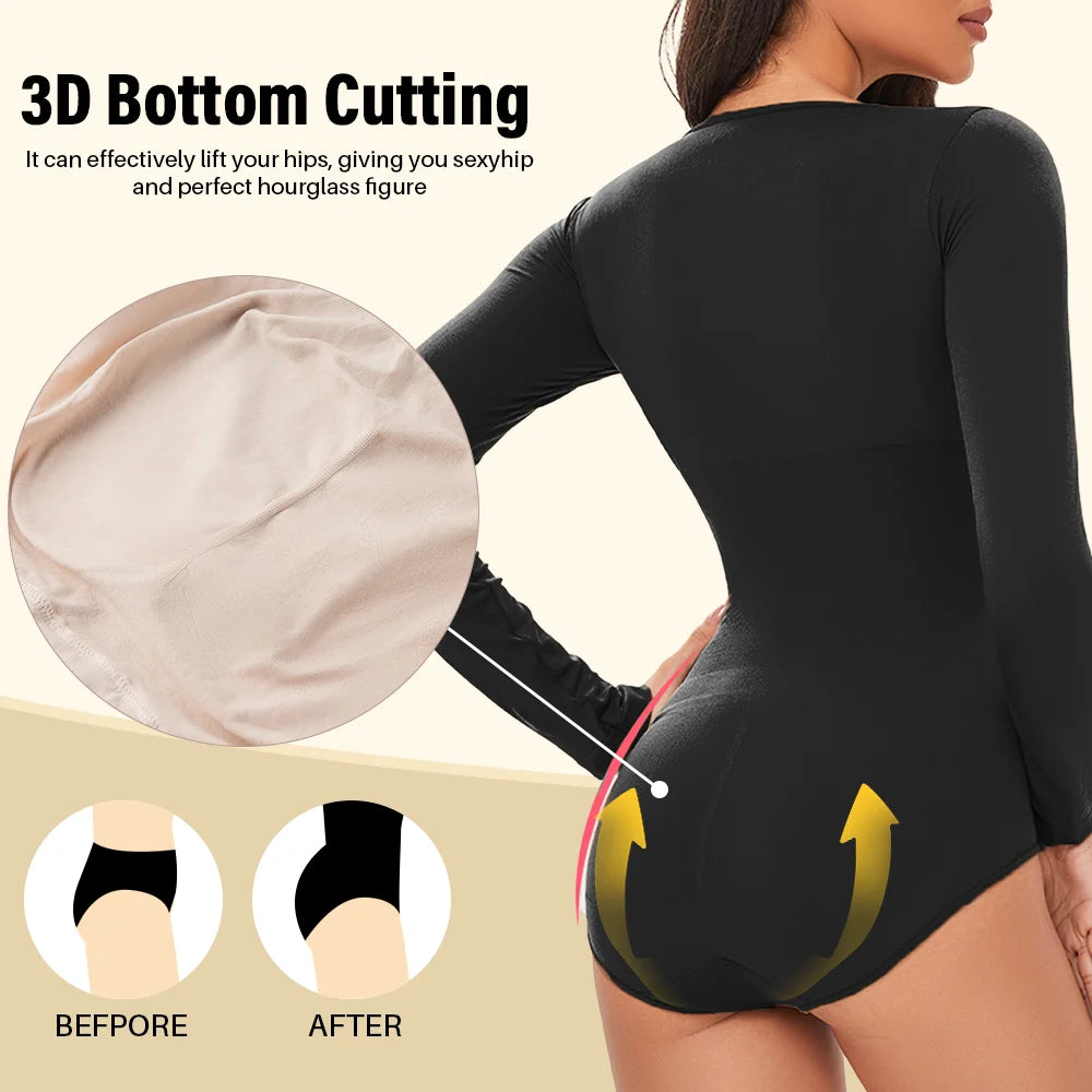 POKARLA Spandex élastique Body costume Shapewear femmes corps Shaper ventre contrôle à manches longues ouvert entrejambe col rond sans couture Shapers