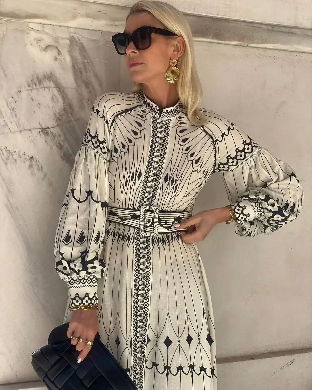 Robe longue rétro élégante à col montant pour femmes, motif imprimé, boucle ceinturée, robe de soirée, manches longues, ligne a, style Boho, automne