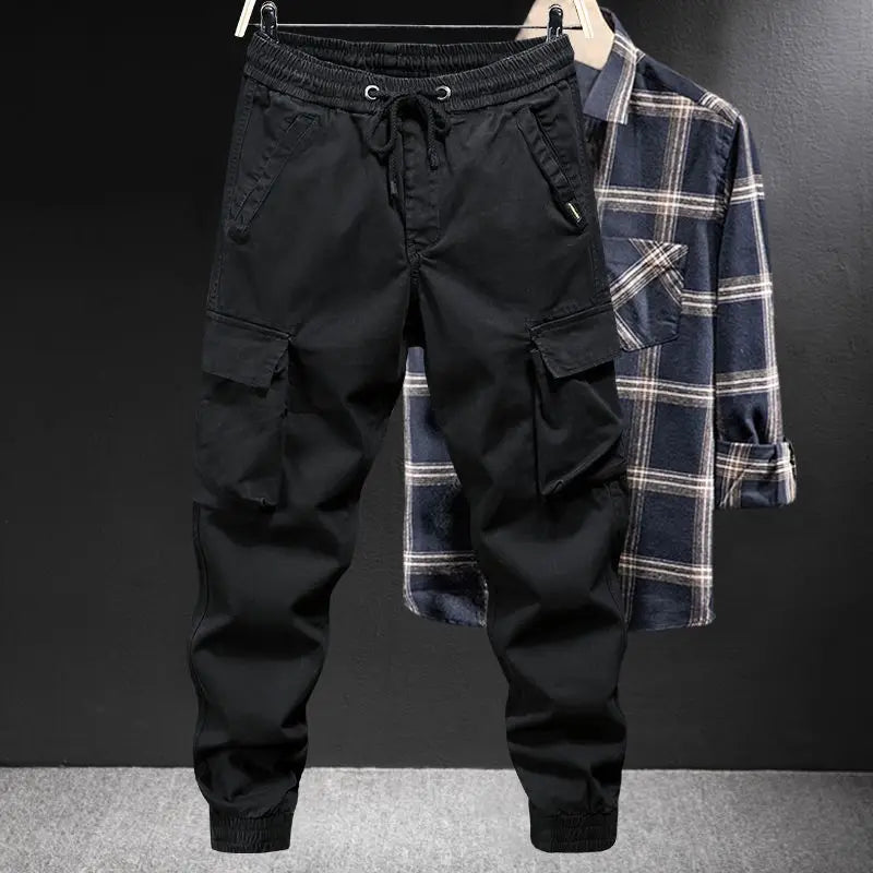 Spring Autumn New Fashion Solid Color Elastic Waist Drawstring Men's Clothing Casual Pockets Korean Bound Feet Thin Cargo Pants