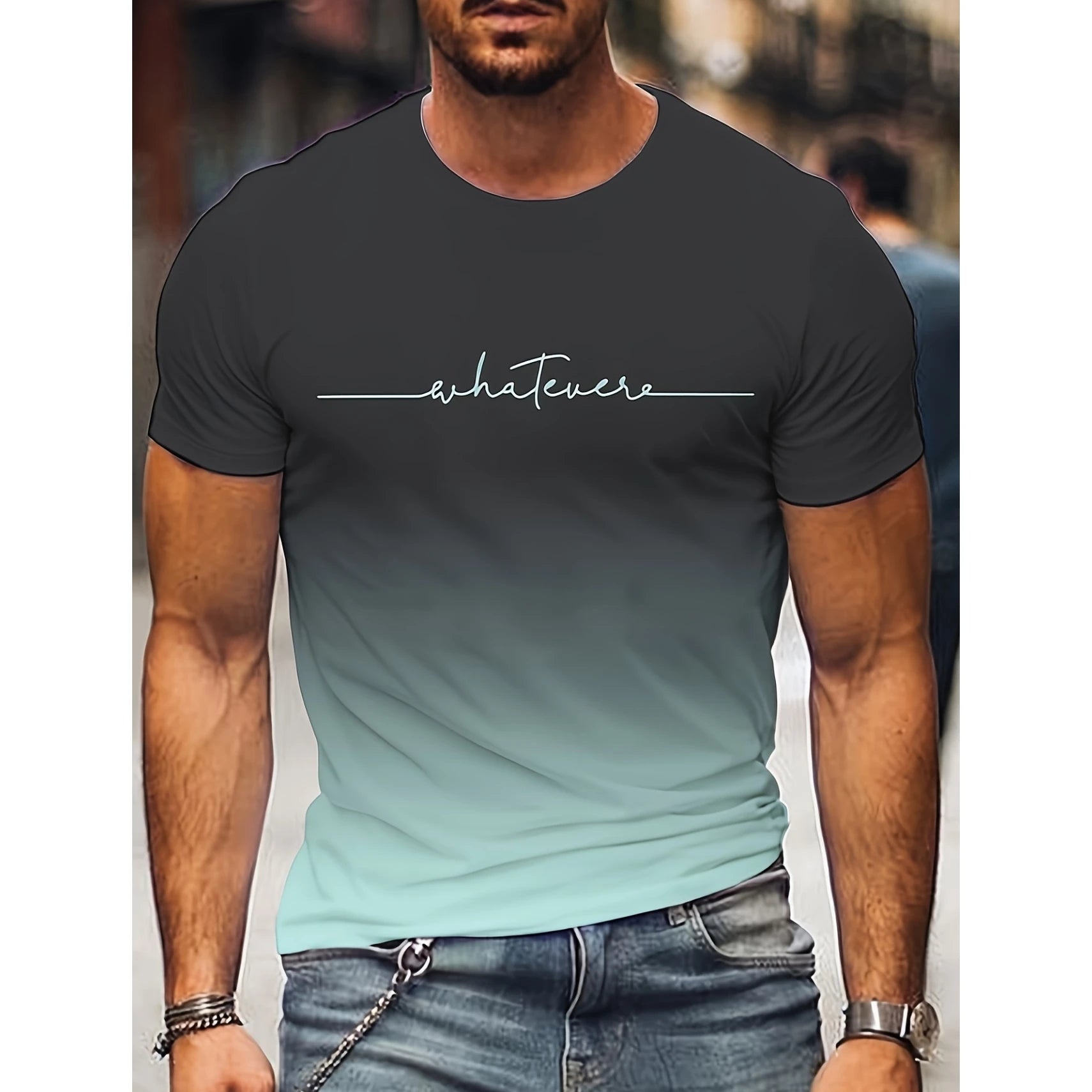 2024 Summer Fashion Men's Clothing Trendy Design Gradient Color Letter Print T-Shirt Top Breathable Soft Short Sleeve Menswear