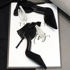 Escarpins pointus de marque pour femmes, chaussures de printemps, Parker, solide, troupeau, perles, nœud, bouche peu profonde, nouveauté, talons hauts, 2023