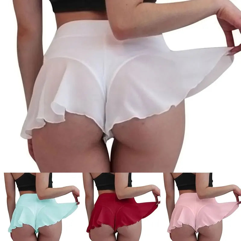 Femmes Sexy Sheer Ruffles Jupe Shorts Transparent Taille Haute Mini Jupes Sports D'été Fitness Yoga brevPantalon Chaud S-3XL