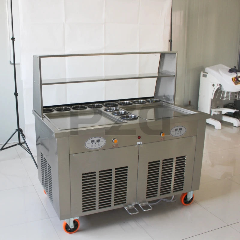 S.S. Commercial, 110V, 220V Machine à rouleaux de crème glacée frite avec 11 réservoirs de garniture, double casseroles, congélateur