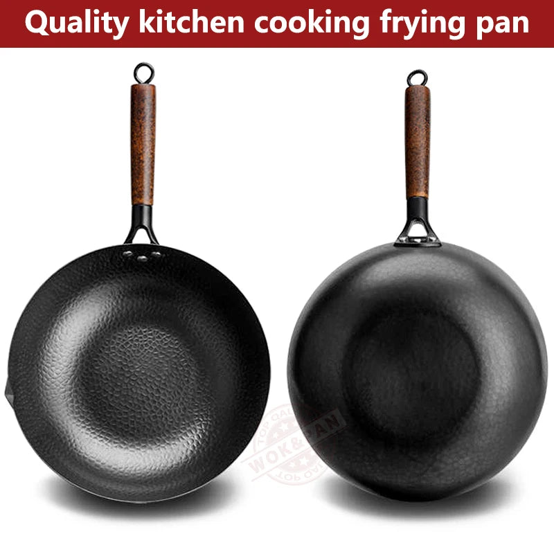 Poêle Wok en acier au carbone, 32cm, avec couvercle en bois, poêle chinoise à fond plat non revêtu, pour gaz électrique à Induction, toutes les cuisinières