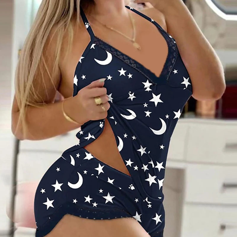 Ensemble pyjama deux pièces à bretelles assorties avec nœud de lingerie sexy