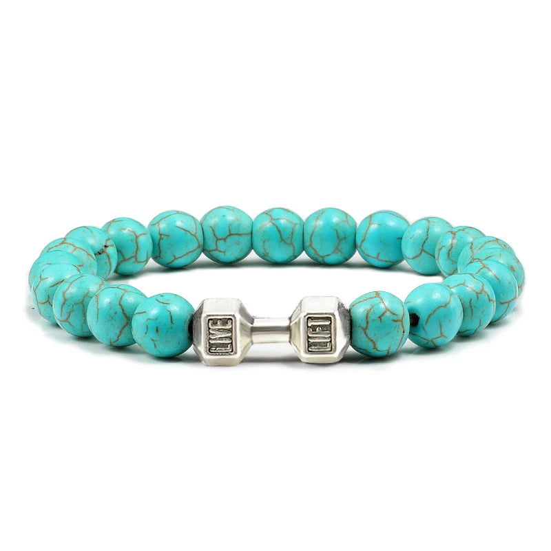 Bracelet en pierre volcanique naturelle Hommes Noir mat Lave Blanc Perles Breloque Haltère Brins Bracelets Femmes Barre Fitness Bijoux