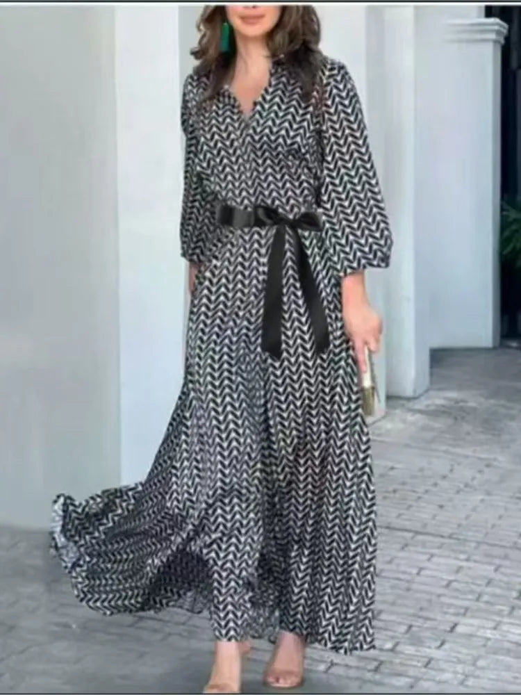 Robe Élégante Noire et Blanche pour Femme, Imprimé Vintage, Col en V, à la Mode, Loisirs, Rassemblement, Slim, Longue, Nouvelle Collection Printemps Automne 2024