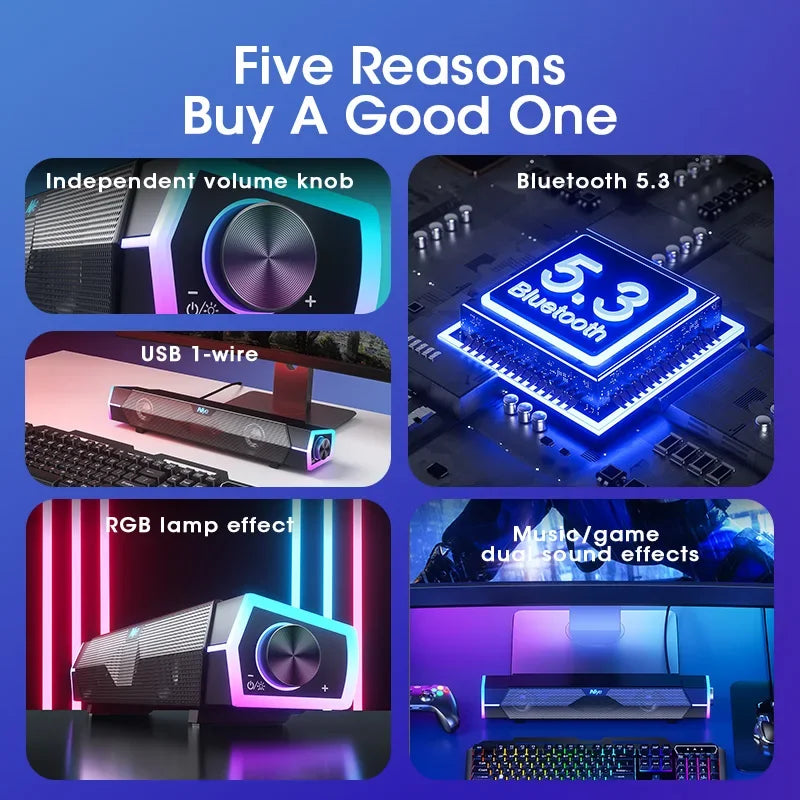 Barre de son RGB haut-parleurs d'ordinateur Bluetooth 5.3 USB haut-parleur filaire Surround stéréo caisson de basses barre de son pour ordinateur portable ordinateur portable
