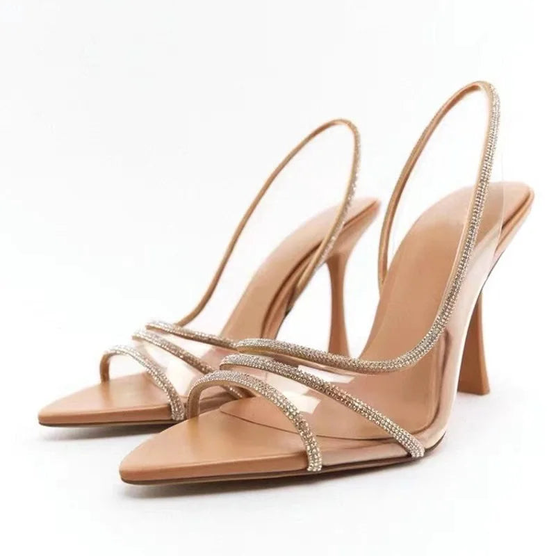 Sandales à talons hauts et fins pour femmes, nouveau Style féerique, Sexy, bouche peu profonde, dos creux, pointu, diamant d'eau, bout ouvert, été 2024