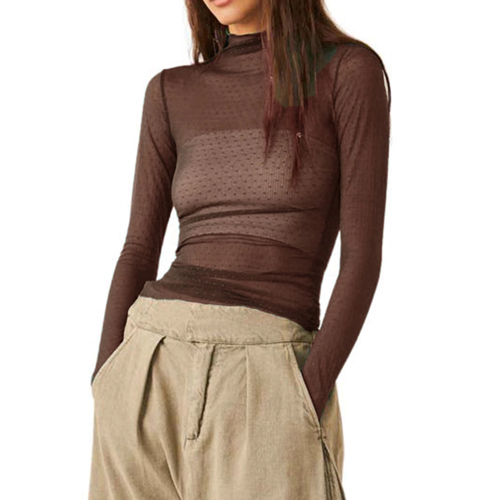 T-shirt à col roulé à manches longues pour femmes, maille transparente à pois, haut court, vêtements grunge, streetwear sexy, nickel é en Y