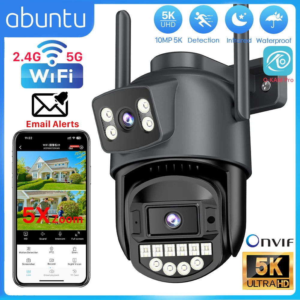 10MP 5K Wifi caméra de Surveillance extérieure 5X Zoom numérique PTZ caméra IP double objectif double écrans 2.4G/5G suivi automatique caméra de sécurité