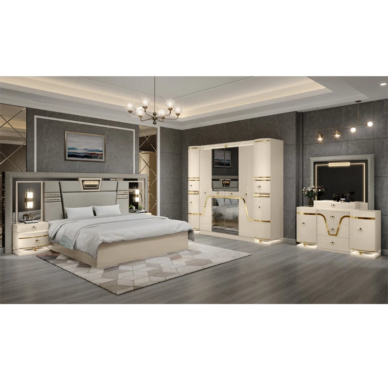 Cadre en bois de Style Royal, lit Double King Size en cuir, MDF en bois doré, ensemble de meubles de luxe pour chambre à coucher complète
