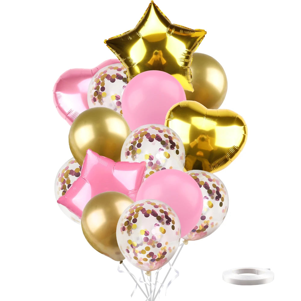 Ballons métalliques en forme d'étoile et de cœur, 14 pièces, ensemble de confettis or rouge bleu rose pour joyeux anniversaire, réception-cadeau pour bébé, mariage